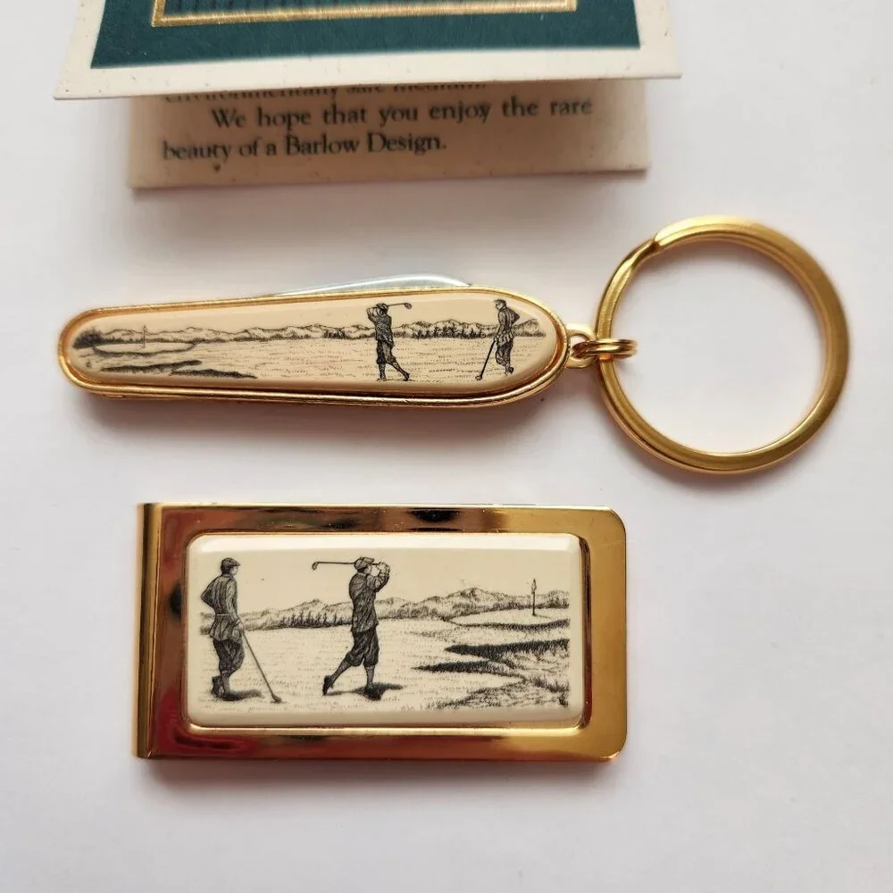 Vintage Barlow Designs Gold Money Clip and Keychain Set With Golfer Design